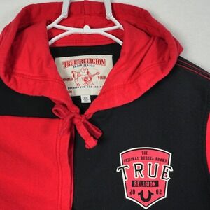 True Religion Mens Black Red Colorblock Short Sleeve Hoodie Popfly PLVR Medium